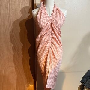 Mango Pink Checkered gingham Backless Dress